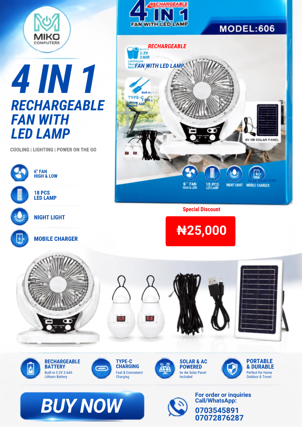 4-in-1 Rechargeable Fan with LED Lamp (Model 606)
